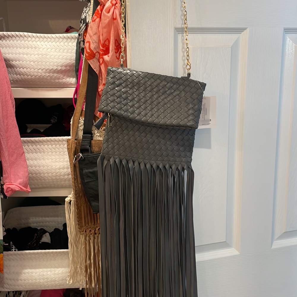 Dark grey woven, vegan, fringe purse